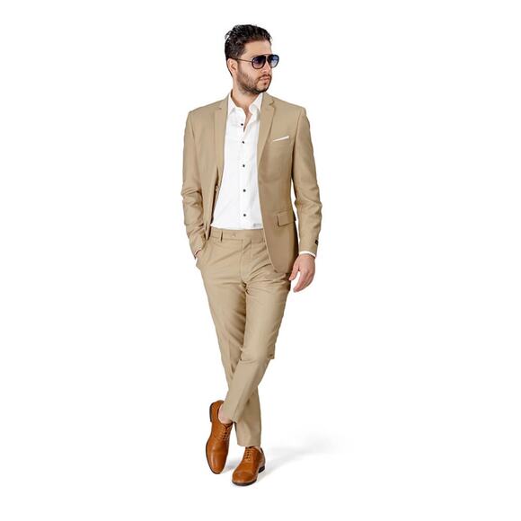 AZARMAN Slim Fit 2 Button Beige Notch Lapel Suit Jacket - Picture 2 of 10